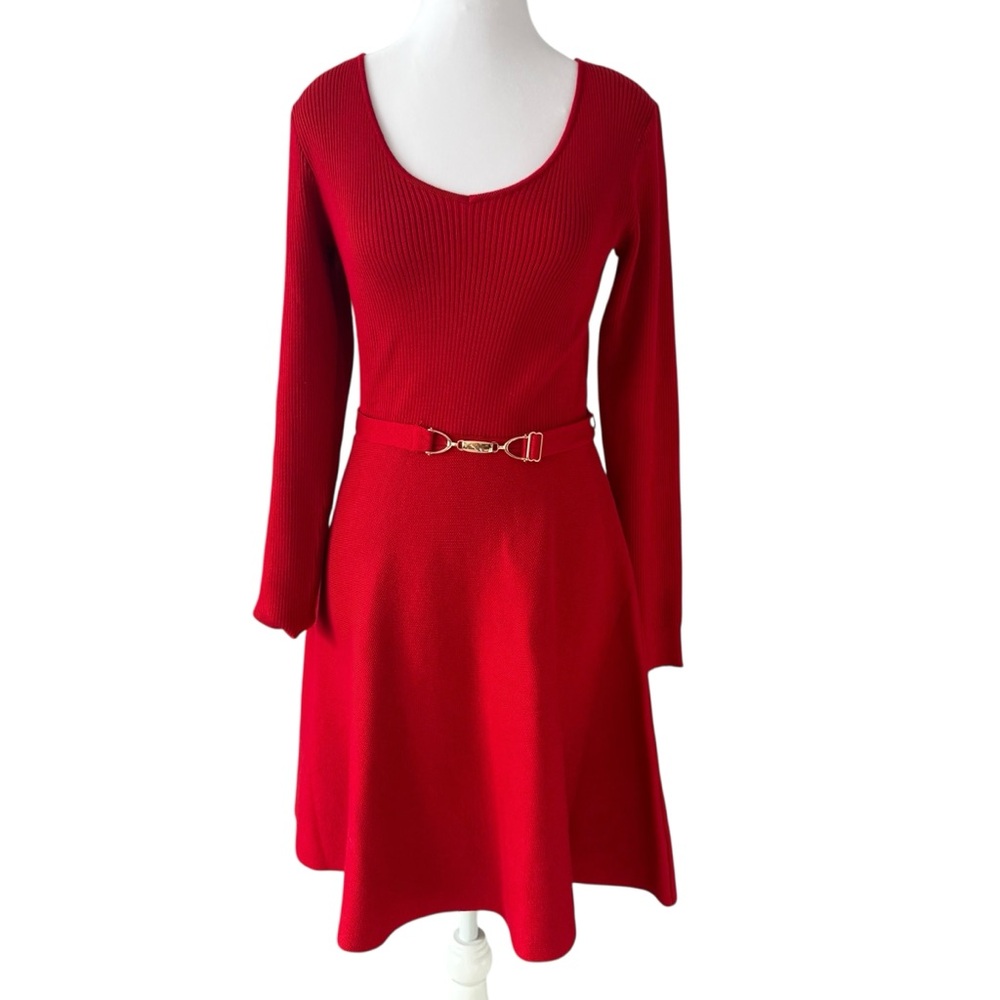 Montgomery Post Red Sweater Dress With Belt Detail Gold Hardware